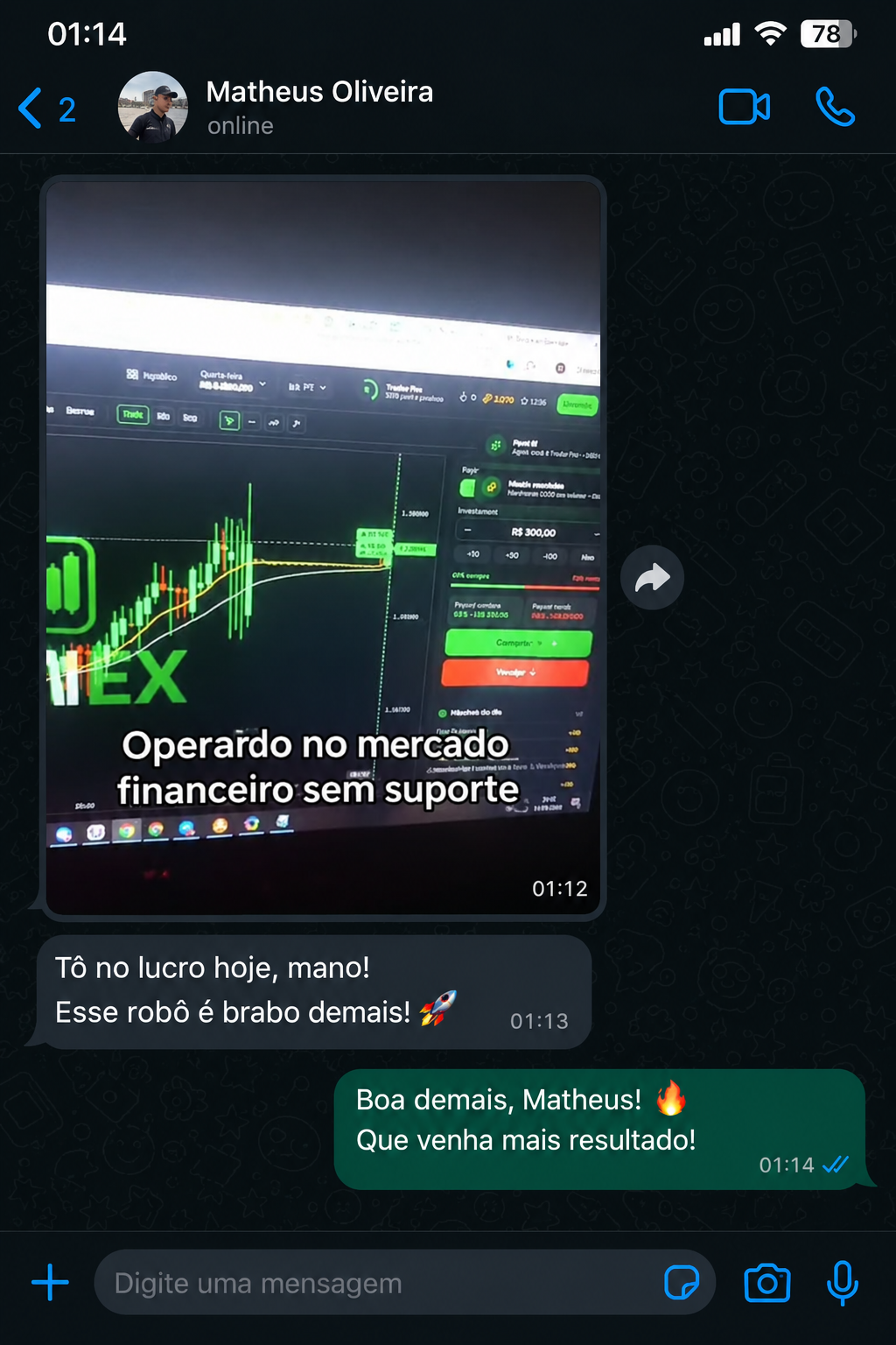 Print do WhatsApp: Matheus comemorando lucro com o robô de sinais