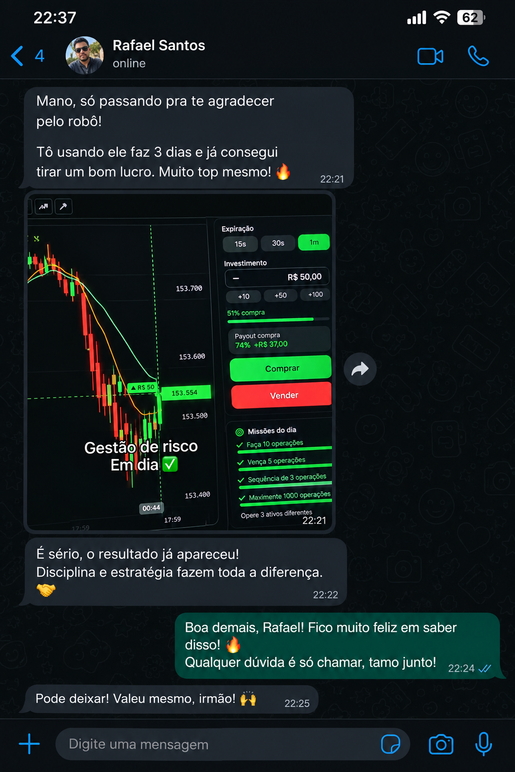 Print do WhatsApp: Rafael agradecendo resultado em 3 dias